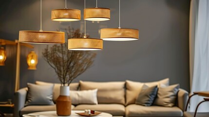 A living room with Scandinavian style pendant lamps casting a warm glow over the seating area