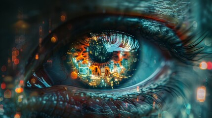 Geometric eye integrated with an augmented reality vision system shown projecting a digital overlay on a futuristic cityscape