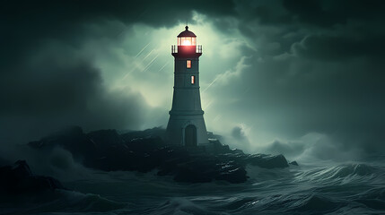 In the rough sea, a steadfast lighthouse shines a guiding light - obrazy, fototapety, plakaty