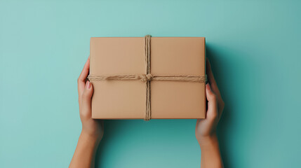 Mockup. Female hand holding brown rectangular cardboard box on blue background, generative ai