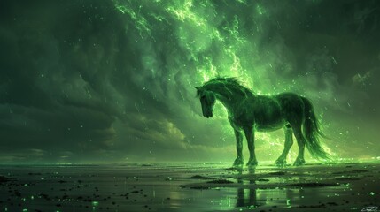 Obraz na płótnie Canvas Glowing emeralds on a deserted beach where a solitary horse roams its coat flickering with green sparks under the night sky
