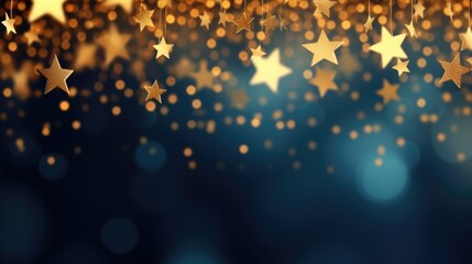 Shiny golden lights and stars in a Christmas and New Year atmosphere on a blue background