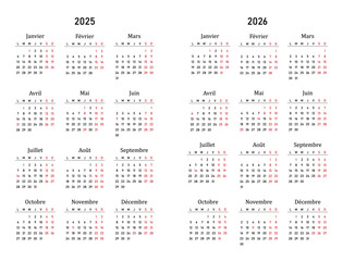 Calendar 2025, 2026 in french language with french holidays. Vector illustration