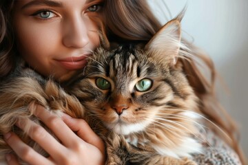 A loving woman cradles a soft domestic cat in her arms, their matching whiskers and content expressions a testament to their unbreakable bond