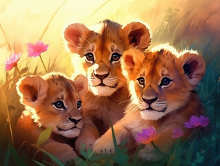 Obraz na płótnie Canvas Three lion cubs. Digital art.