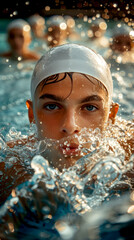 Professional male swimmer practising in swimming pool. Underwater shot of young sportsman swimming in pool.