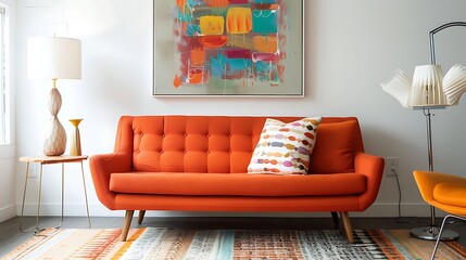 a guest room with a mid century modern sofa in vibrant orange, adding a pop of color to the neutral decor - obrazy, fototapety, plakaty