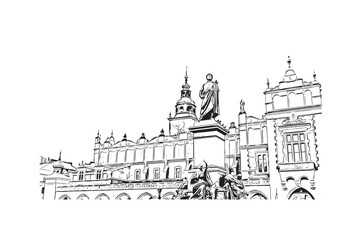 Landmark building view of Krakow in 2024. Hand drawn sketch illustration in vector.