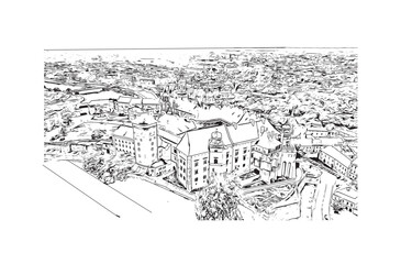 Landmark building view of Krakow in 2024. Hand drawn sketch illustration in vector.