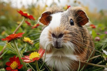 A tiny hamster sits amongst the vibrant red flowers, blending into the natural beauty of the outdoor field as it stands in awe of the wild and free wildlife surrounding it