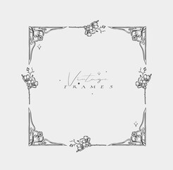 Hand drawn vector abstract outline,graphic,line vintage baroque ornament floral frame in calligraphic elegant modern style.Baroque floral vintage outline design concept.Vector antique frame isolated. - 740046034