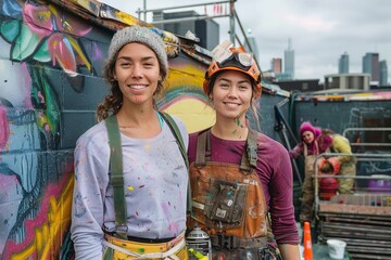 Two confident women proudly showcase their stylish overalls and hard hats while standing in front of a colorful wall, their beaming smiles reflecting the joy and satisfaction of creating beautiful ar