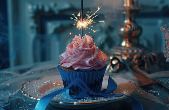 a pink cupcake with blue ribbon and a sparkler