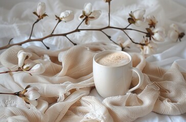 Obraz na płótnie Canvas a mug of coffee beside a cotton scarf on a white background
