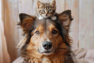 A curious australian shepherd gazes up at a contented cat perched atop its furry head, forming an unlikely but heartwarming bond between two beloved indoor pets - obrazy, fototapety, plakaty