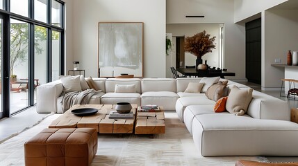A contemporary living room with a modular sofa and ottomans, allowing for customizable seating arrangements