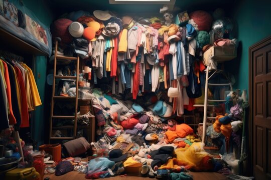 Overflowing closet with clothes and accessories.