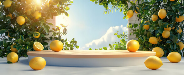 Round platform podium with lemons on it and lemons around. Background with lemon bushes and clear summer sky with clouds. Photorealistic 3d stylish template for product presentation - obrazy, fototapety, plakaty