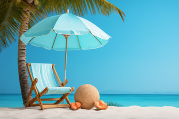 Fototapeta na wymiar Deck chair and beach umbrellas on sand in summer time, Coconut tree.