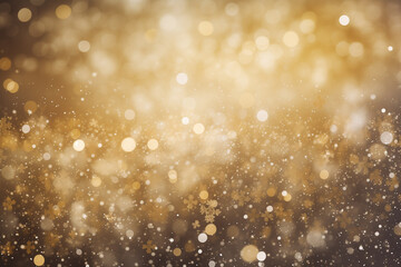 Gold bokeh and white snowflakes create a festive Christmas background.