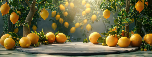 Round platform podium with lemons on it and lemons around. Background with lemon bushes and summer sunlight. Photorealistic 3d stylish template for product presentation