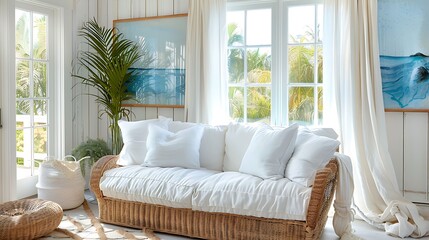 Fototapeta na wymiar A coastal inspired guest room with a wicker sofa in white, evoking a breezy and relaxed atmosphere
