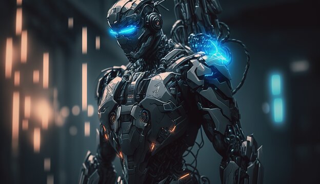 robot warrior in equipment in the troops of the future