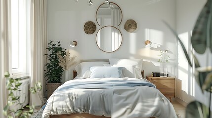 a bedroom with Scandinavian style wall mirrors to enhance natural light and create the illusion of space