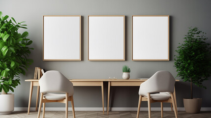 Modern Workspace with White Blank Frames on Grey Wall, Wooden Desk, and Lush Greenery