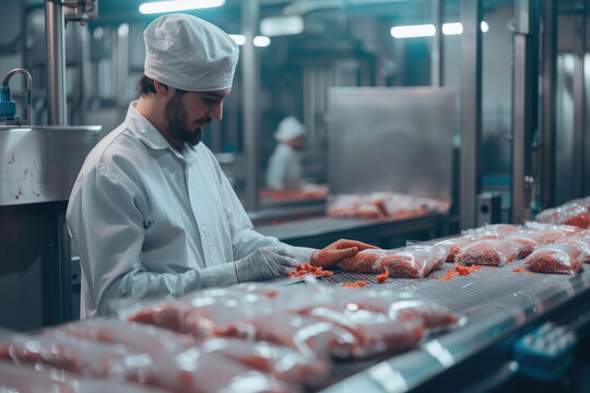 meat industry worker gathering packaged meat on a conveyor belt in factory