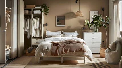 A bedroom with Scandinavian style built in storage solutions, such as floating shelves and wardrobe units