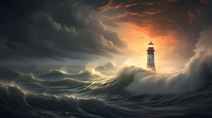 On a stormy night, a lighthouse guides the crashing waves under an ominous sky - obrazy, fototapety, plakaty