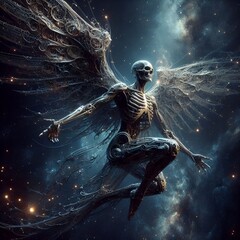 Angel skeleton. An epic extremely detailed of a titanium skeletal angel, fantasy concept art, dynamic lighting, epic glowing galaxy background - obrazy, fototapety, plakaty