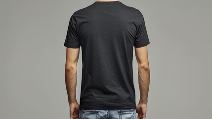 Maqueta de camiseta de hombre color negra. Vista posterior. Generado por IA. - obrazy, fototapety, plakaty
