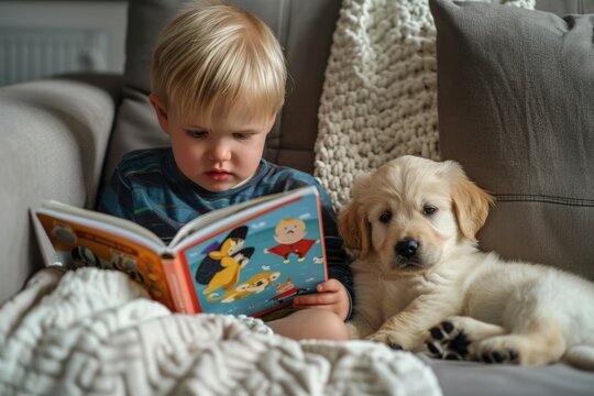Little boy is sitting on a sofa and reading a book to his cute abrador retriever puppy dog
