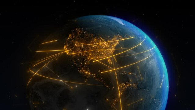 Animation of the Earth, a network of technology and communication that links the planet. Moving lines and vectors depict data transfer, messaging, trade, flying, and travel routes. 