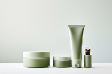 Collection of green cosmetics packaging and skincare, lotion for face on white background.