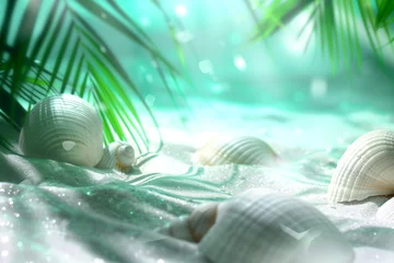 Gardinen Blurred summer natural marine tropical blue background with palm leaves, sand, water © Bonya Sharp Claw