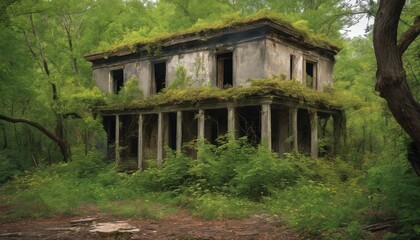 Fototapeta na wymiar The Enchanting Process of Abandoned Structures Becoming One with the Earth Again, walls, civilization, trees, foliage