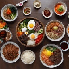 Traditional Korean Dishes Featuring Kimchi, Bibimbap, and Korean BBQ on a Festive Table, mixed, rich, meal