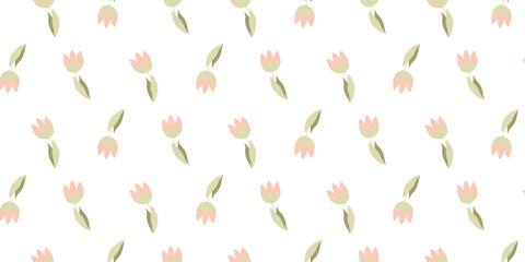 Vector Pastel Tulip Seamless Pattern. Floral cute Design of Flowers in Cartoon Flat style. Lovely Colorful Botany Ornament for Background, Textile, Fabric, Wrapping paper, Wallpaper, Template.