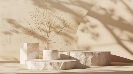 Minimal scene mockup with stone product podium with copy space for social media banners, promotions, cosmetic product showcases. Pastel cream and beige colors 3d rendering scene