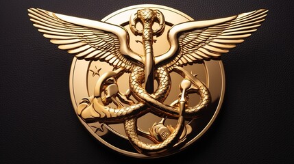 Hermes Caduceus cast in gold on a black background