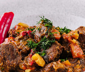 beef goulash with red pepper close up