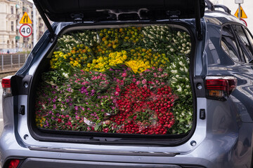 The car full of bright, colourful, beautiful flowers. The car full of different, colourful tulips.