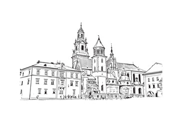 Landmark building view of Krakow in 2024. Hand drawn sketch illustration in vector.