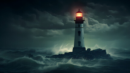 Obraz premium On a stormy night, a lighthouse guides the crashing waves under an ominous sky