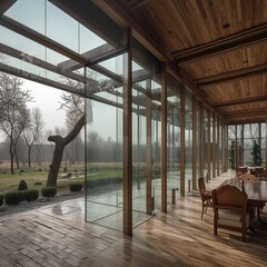 a terrace with a wooden roof and glass doors in nature