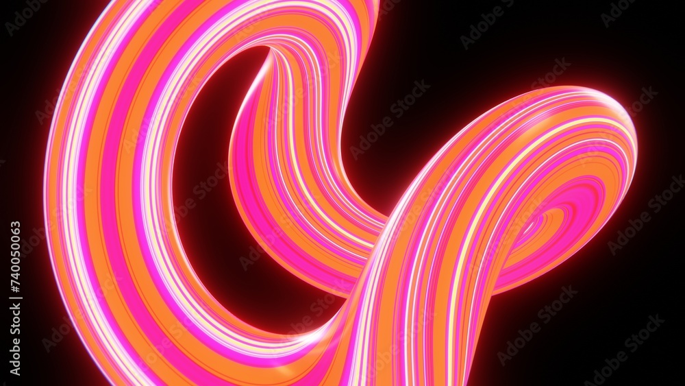 Fototapete Abstract modern trendy 3D neon shape twisted swirl spiral stripes colourful vibrant gradient background 4K computer graphics rendered presentation wallpaper