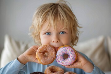 A young child eagerly savors the sweet treat of two donuts, their eyes lighting up with joy as they hold onto the delicious baked goods in a cozy indoor setting